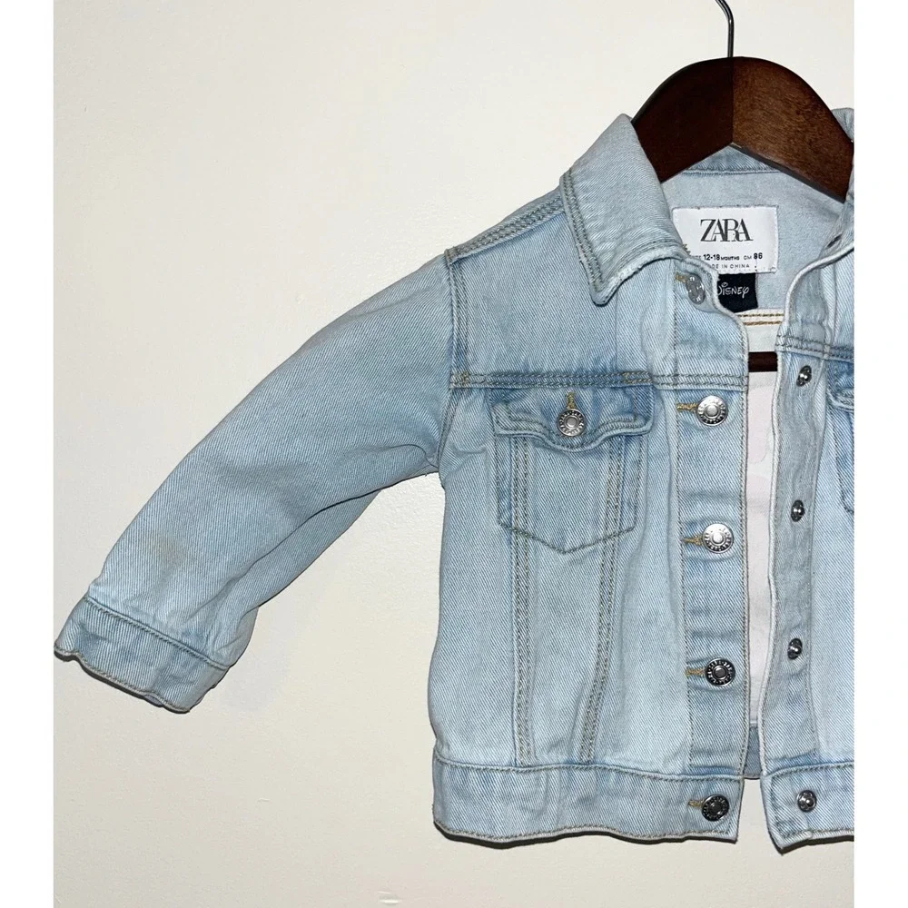 ZARA Disney Kids Denim Jacket Minnie Mouse Print Light Wash Size 12-18 Months